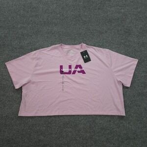 Under Armour Shirt Womens Extra Large Pink Boxy‎ Wordmark Logo Crop Sports NEW